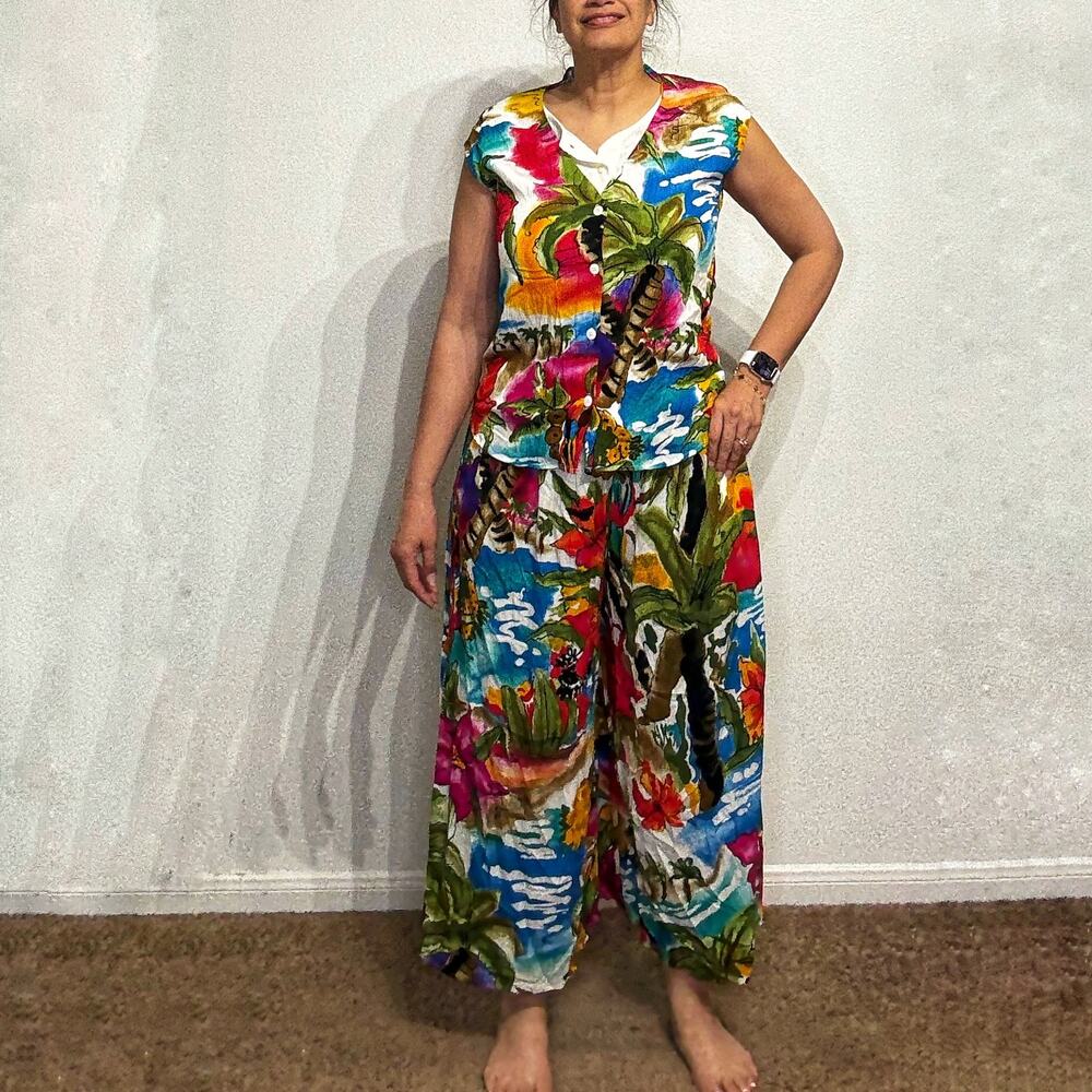 Carole Little White Tropical Floral 2-Piece Pant Set Vintage Resort Sz 6
